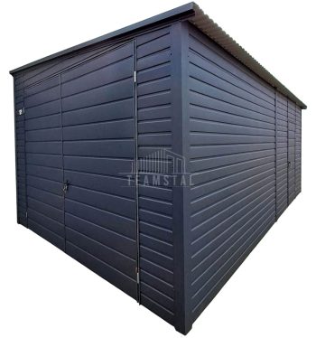 Garaż blaszany 3x7m - Brama dwuskrzydłowa - drzwi - antracyt - dach spad w bok TS1049