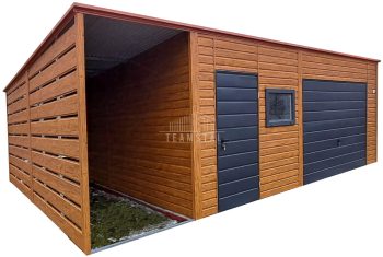 Garaż blaszany 6x6m + Wiata 1,5m - Brama uchylna - drzwi - okno - jasny orzech - drewnopodobny - antracyt - dach spad w tył TS1051