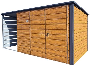 Schowek - domek ogrodowy 3,5x2m + wiata 1,5m - Brama dwuskrzydłowa - jasny orzech - drewnopodobny - dach spad w tył  TS1054