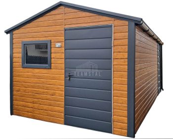 Schowek - domek ogrodowy 3x4m + wiata 1m - Drzwi - okno - rynny - jasny orzech - drewnopodobny - dach dwuspadowy TS1057