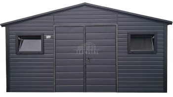 Schowek - domek ogrodowy 4,5x3m - Brama dwuskrzydłowa - 2x okno - antracyt - czarny - dach dwuspadowy TS1058