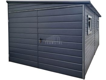 Garaż blaszany 3x6m - brama dwuskrzydłowa - 2x okno - antracyt - dach spad w bok TS1062