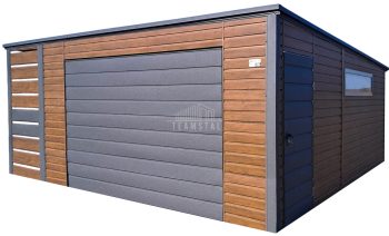 Garaż blaszany 4,5x6m + wiata 1m - Brama uchylna - drzwi - okno - jasny orzech  drewnopodobny - rynny - dach spad w tył TS1063