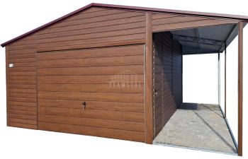 Garaż blaszany 4x6m + wiata 1,5m - brama uchylna - drzwi - ciemny orzech - drewnopodobny - dach dwuspadowy TS1065