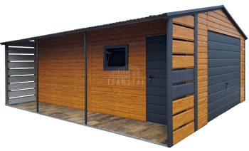 Garaż blaszany 4x5m + wiata 1x5m - brama - drzwi - okno - jasny orzech - drewnopodobny - antracyt -  dach dwuspadowy TS1071