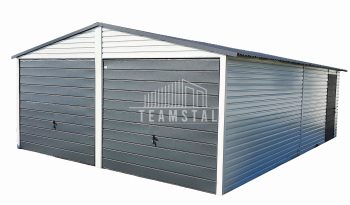 GARAŻ BLASZANY 6m x 7m poziom - dwuspad -  2x Brama uchylna + drzwi - biały antracyt TS282 6x7