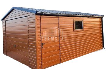 GARAŻ BLASZANY 4m x 5m poziom - dwuspad blachodachówka Brama uchylna - złoty dąb drewnopodobny  TS217 4x5