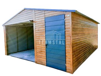 GARAŻ BLASZANY 5m x 5m poziom - dwuspad - Brama uchylna + drzwi - jasny orzech + antracyt TS234  5x5