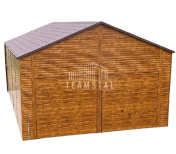GARAŻ BLASZANY 7m x 12m dwuspad - 2x Brama uchylna + drzwi - jasny orzech - blachodachówka TS255