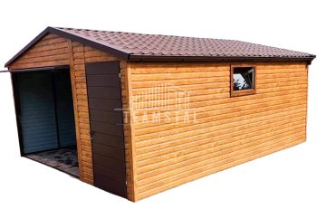 GARAŻ BLASZANY 4,5m x 6m poziom - dwuspad blachodachówka Brama uchylna + drzwi - jasny orzech drewnopodobny TS216 4,5x6