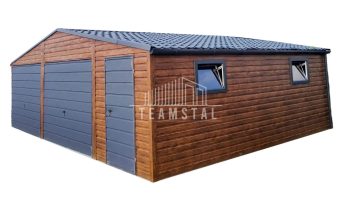 GARAŻ BLASZANY 8m x 7m dwuspad  - 2x Brama + drzwi + 2x okno - Rynny - ciemny orzech drewnopodobny + antracyt Blachodachówka TS374 8x7