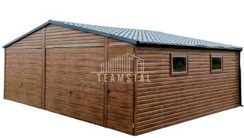 GARAŻ BLASZANY 7m x 6m dwuspad blachówka - Brama uchylna - ciemny orzech  TS223