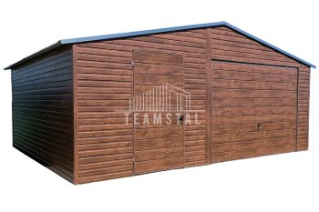 GARAŻ BLASZANY 6m x 5m poziom - dwuspad Brama + drzwi - ciemny orzech  TS219 6x5
