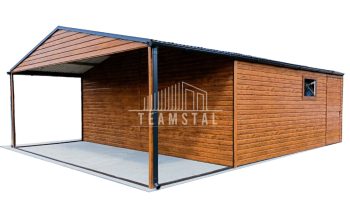 GARAŻ BLASZANY 6m x 5m poziom - dwuspad 2x Brama - jasny orzech - wiata - drzwi - okno pcv TS242 6x5