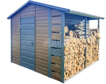 Schowek - Domek Ogrodowy 2,5x3m + Wiata 0,5m - Drewutnia - Ciemny Orzech - Antracyt - Drewnopodobny - Dach Dwuspadowy  TS731