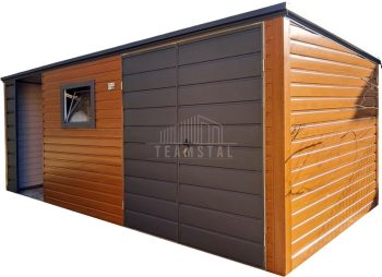 Schowek - domek ogrodowy 4,5x2m + wiata 2m - brama - okno - jasny orzech - drewnopodobny - dach spad w tył TS1085