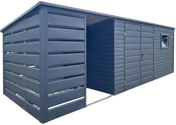 Schowek - domek ogrodowy 4,5x2,5m + wiata 2m - brama -  okno - antracyt - dach spad w tył TS1077