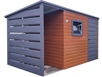 Schowek - domek ogrodowy 2,5x2m + wiata 0,5m - drzwi - okno - złoty dąb  - drewnopodobny - dach spad w tył TS1079