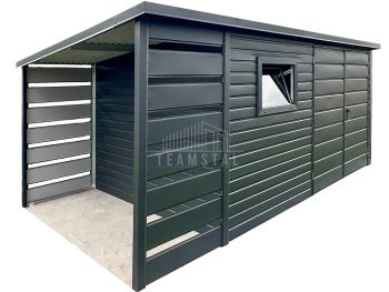 Schowek - domek 3,5x2m - wiata 1m - Brama dwuskrzydłowa - okno - antracyt - dach spad w tył TS1152