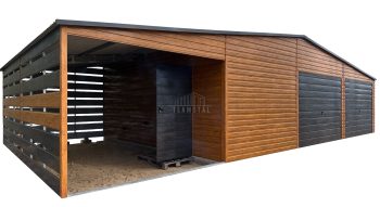 Garaż blaszany 10,5x6m - wiata 4,5m - 2x brama uchylna - drzwi - jasny orzech - sosna norweska - jasny orzech - drewnopodobny - dach dwuspadowy TS1122