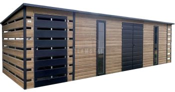 Schowek - domek ogrodowy 6x2,5m - wiata 0,5m - wiata 1,2m - drzwi - 2x okno - brama dwuskrzydłowa - winchester - drewnopodobny - dach spad w tył TS1135