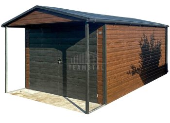 Schowek - domek ogrodowy Garaż 3,5x4m - wiata 0,5m - brama dwuskrzydłowa - okno - ciemny orzech - sosna norweska - drewnopodobny - dach dwuspadowy - rynny TS1137