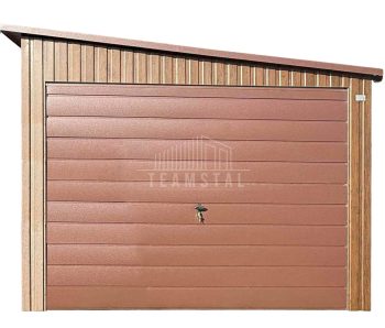 Garaż blaszany 3,5x8m - brama uchylna - drzwi - 2x okno - ciemny orzech - drewnopodobny - dach spad w bok - rynna TS1115