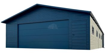 Garaż blaszany 8x8m + wiata 2m - brama segmentowa - drzwi - 4x okno - antracyt - rynny - dach dwuspadowy TS1146