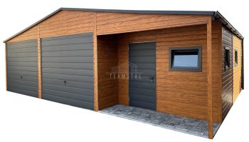 Garaż blaszany 9,5x6m - wnęka - 2x brama uchylna - drzwi - 3x okno - jasny orzech - antracyt - drewnopodobny - rynny - dach dwuspadowy TS1147