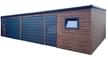 Garaż blaszany 10x3m - 2x brama - drzwi - 2x okno - ciemny orzech - drewnopodobny - antracyt - rynna - dach spad w przód  TS1148