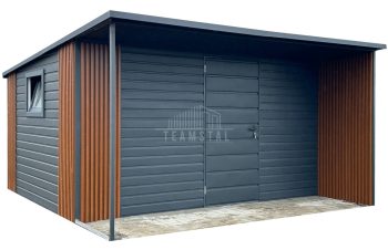 Schowek - domek ogrodowy 4x3m - wiata 4x1m - antracyt - dach spad w tył - podbitka - zabudowa lamelami TS1158