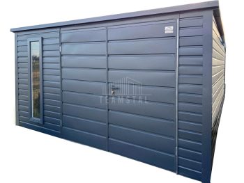 Schowek - domek ogrodowy 3,5x4m + wiata 0,5m - brama dwuskrzydłowa - okno - antracyt - dach spad w tył - rynny TS1155