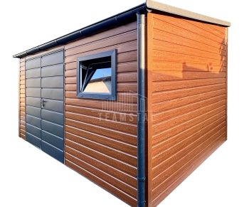 Schowek - domek ogrodowy 4x2m - brama dwuskrzydłowa - okno - złoty dąb - drewnopodobny - rynna - dach spad w przód TS1157