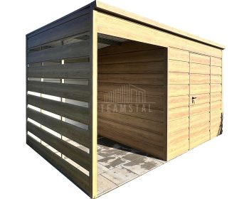 Schowek domek ogrodowy + wiata 1,5m - drzwi - winchester - drewnopodobny - dach spad w tył TS1160