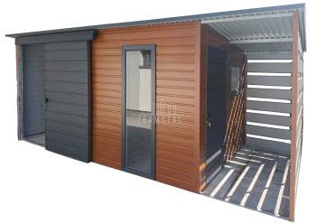Schowek - domek ogrodowy 4,4x2,5m + wiata 1,1x2,5m - drzwi przesuwne - drzwi - okno - antracyt - jasny brąz - dach spad w tył TS1165