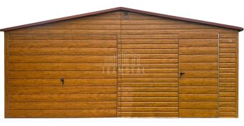 Garaż blaszany 6,2x6m - brama uchylna - drzwi - jasny orzech - drewnopodobny - rynna - dach dwuspadowy TS1117