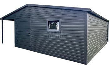 Schowek domek ogrodowy 4,5x5m + wiata 1,5m - drzwi - okno - antracyt - rynny - dach dwuspadowy - blachodachówka TS1163