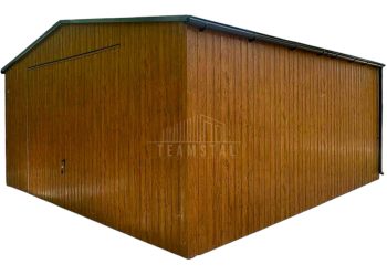 Garaż blaszany 6x6m - brama uchylna - jasny orzech - drewnopodobny - rynny - dach dwuspadowy TS1119