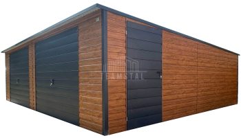 Garaż blaszany 8,5x6m - 2x brama uchylna - drzwi - okno - jasny orzech - drewnopodobny - antracyt - dach dwuspadowy TS1120