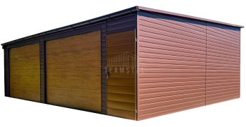 Garaż blaszany 8x6m - 2x brama segmentowa - drzwi - ciemny brąz - złoty dąb - drewnopodobny - dach spad w przód - rynna TS1121