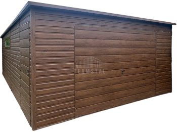 Garaż blaszany 5x6m - brama uchylna - drzwi - okno - ciemny orzech - drewnopodobny - dach spad w tył TS1116