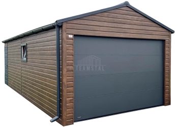 Garaż blaszany 3,7x6 - brama segmentowa - drzwi - okno - ciemny orzech - drewnopodobny - rynna - dach dwuspadowy - blachodachówka  TS1176