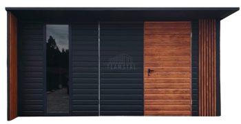 Schowek - domek ogrodowy 5x4m - drzwi - okno - dekor z lameli - antracyt - dach spad w tył - rynna TS1186