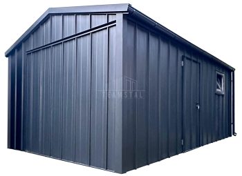 Garaż blaszany 4x6 - brama uchylna - okno - drzwi - antracyt - blacha na rąbek - dach dwuspadowy - rynny TS1188