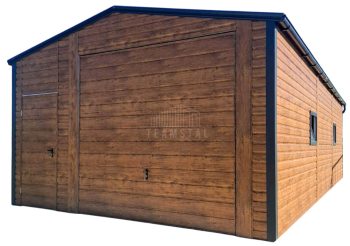 Garaż blaszany 5x6m - brama uchylna - drzwi - 2x okno - jasny orzech - drewnopodobny - rynny - dach dwuspadowy TS1177
