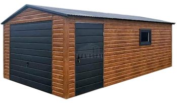 Garaż blaszany 4x6m - brama uchylna - drzwi - okno - jasny orzech - drewnopodobny - dach dwuspadowy TS1193