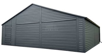 Garaż blaszany 8x6m - 2 x brama uchylna - drzwi - podwyższony szczyt - antracyt - dach dwuspadowy - rynny TS1195