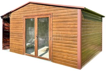 Schowek - domek ogrodowy 5,5x4m - wiata 0,5m - drzwi szklane PCV - jasny orzech - drewnopodobny - dach dwuspadowy TS1205