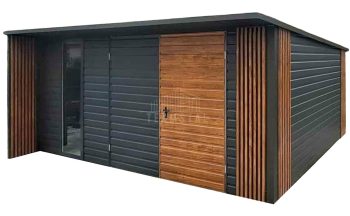 Schowek - Domek ogrodowy 5x4m - brama dwuskrzydłowa - okno - jasny orzech - drewnopodowny - antracyt - dach spad w tył - rynny TS1206