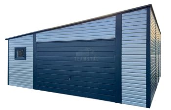 Garaż blaszany 7x9m - brama uchylna - drzwi - 3 x okno - jasny srebrny - antracyt - dach spad w bok TS1211